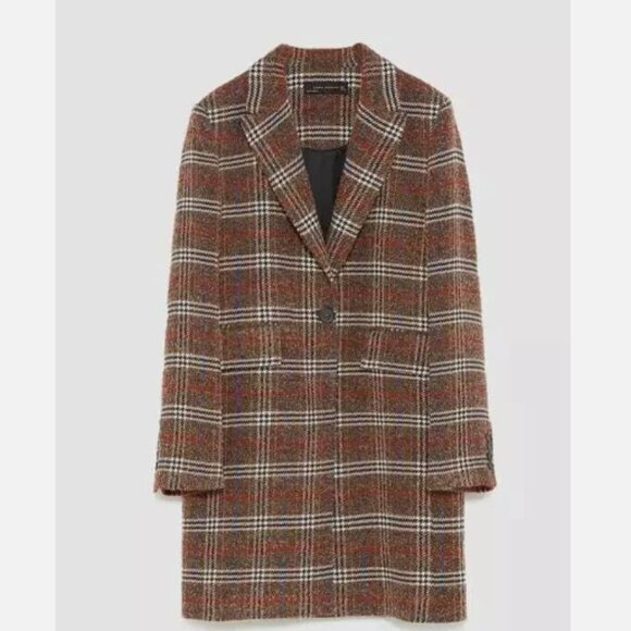 ZARA BROWN CHECKED SINGLE BREASTED WOOL & ALPACA COAT SIZE M - Picture 5 of 12